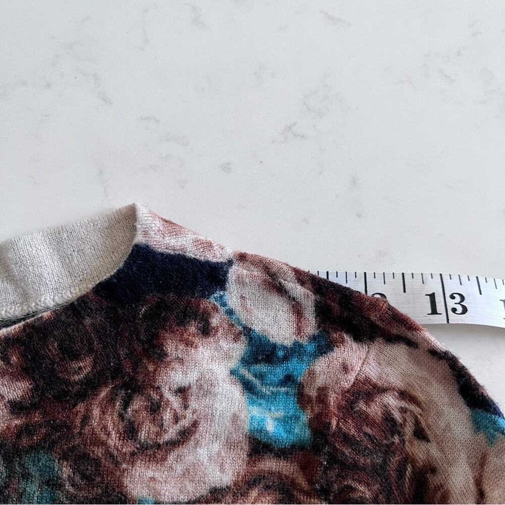 Talbots Petite Floral Rose Print Wool Pullover Sweater | Brown & Teal Pullover - Picture 5 of 7